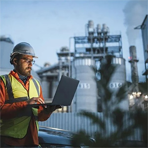 environmental policy professional looking at laptop